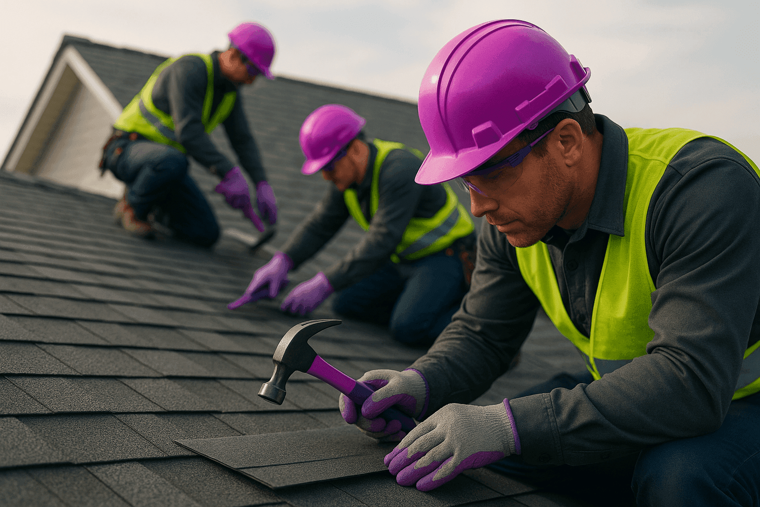 Professional roofing crew working on a clean residential roof wearing safety gear