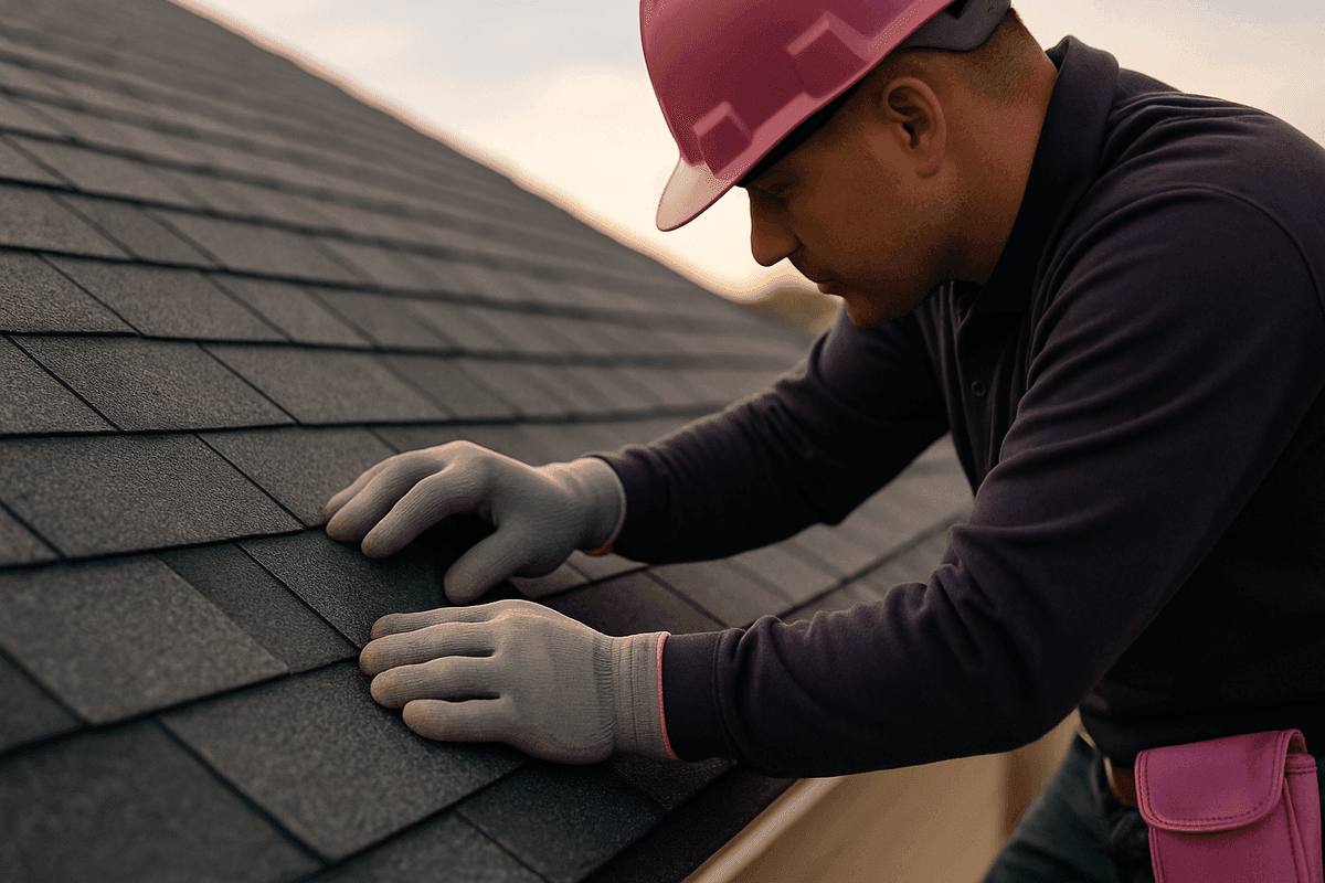 Close-up of roofer’s gloved hands aligning dark gray asphalt shingles on roof